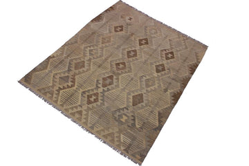 Flat Weave Kilim, Antique, Navaho, Vintage, Handmade, Geometric Kilim Gray Beige Hand-Woven Rectangle 100% Wool Area Rug 5 x 6